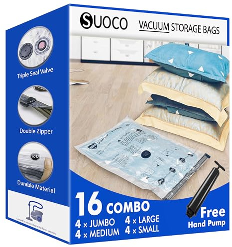 Vacuum Storage Bags 16 Combo, (4 Jumbo, 4 Large, 4 Medium, 4 Small) Space Saver Bags with Travel Hand Pump, Compression Airtight Sealer Bags for Clothes, Pillows, Comforters, Blankets