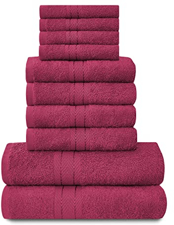 Lions Towels Family Bale Set - 10-teiliges 100% ägyptische Baumwolle, 4X Gesicht, 4X Hand, 2X Badetuch, Premium Qualität hoch wasserabsorbierendes Badzubehör, maschinenwaschbar, tiefrot, standard