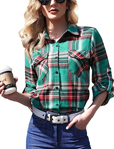 Enjoyoself dam, rutig blus, långärmad, rutiga flanellskjortor, 100 % bomull, button-down skjortblus för vardag och oktoberfest, Grön (bred ruta), XL