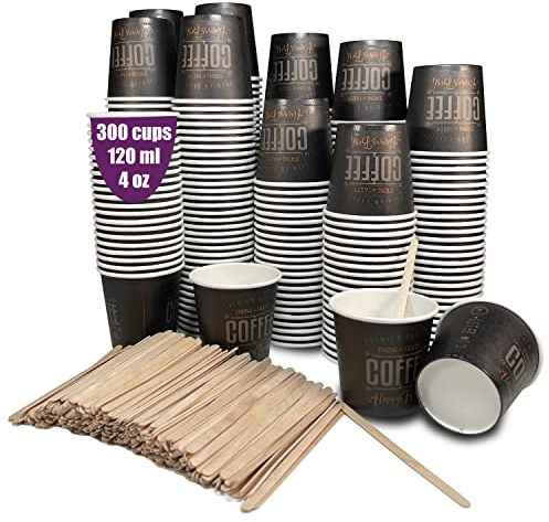300 gobelets à café jetables 120 ml, gobelets jetables en carton avec agitateurs à café en bois. Pour les boissons chaudes et froides.