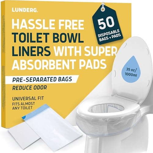 Lunderg Toilet Liners with Lemon Absorbent Pads - 50 Disposable Toilet Bags