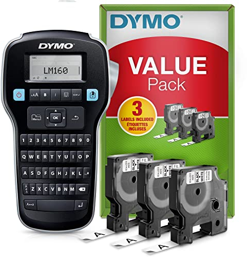 DYMO LabelManager 160 Label Maker Starter Kit with 3 Rolls of D1 Label Tape, Handheld Label Printer Machine, QWERTY Keyboard, Ideal for Office or Home