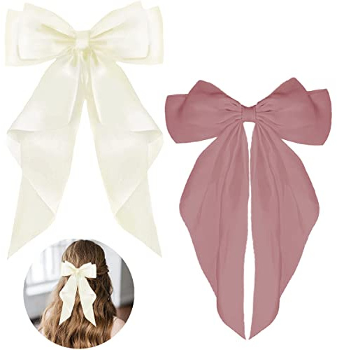 ZEVONDA Horquillas para el Pelo - Lazos Grandes para el Cabello con Satén largo y Sedoso Pinzas para el Cabello Accesorios para el Cabello para Mujeres Niñas, Blanco lechoso + Rosa (2PCS)