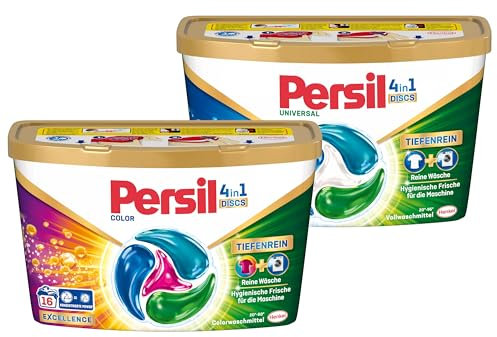 Persil Tiefenrein 4in1 DISCS (16 Waschladungen), Universal Waschmittel, Vollwaschmittel & Persil 4in1 Color DISCS (16 Waschladungen), Colorwaschmittel für reine Wäsche