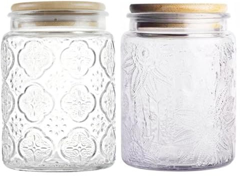 24 OZ Glass Storage Jar with Airtight Wooden Lids, Vintage Food Containers Canisters Sets for Kitchen Counter,Pantry, coffee, tea, baking soda, candy, Cute Food Storage Jar (Begonia & Sunflower)