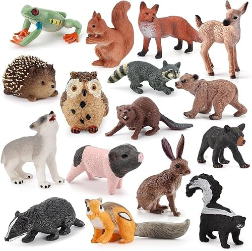 Gohytal Lot de 16 figurines d'animaux de la forêt - Jouet miniature - Hibou, hérisson, renard, écureuil, ours, singes pour gâteau sur le thème de la forêt