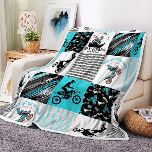 Torich Dirt Bike Throw Blankets, Motocross Extreme Sports Cozy Warm Bed Couch Blanket, Motorcycle Racing Themed White Fleece Flannel Throws to Decorate The Room and Bedroom