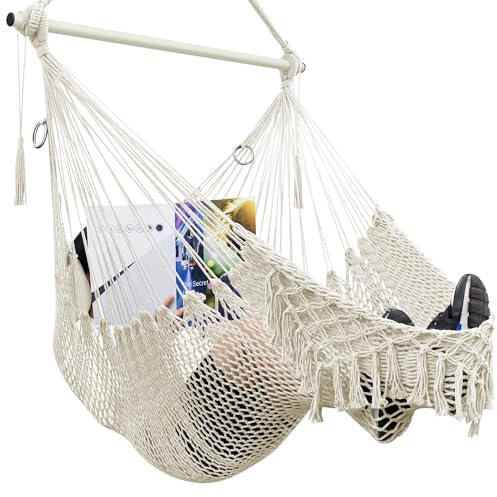 Hängesessel Outdoor & Indoor, Hängesessel Boho Hängeschaukel Hängestuhl für Kinder Erwachsene, Aus verdicktem Baumwollseil mit Kopfkissen