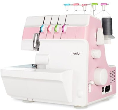 MEDION Overlock Nähmaschine SO90 (elektrisch, 90 Watt, LED Licht, mit einem Arbeitsgang schneiden, umfangreiches Zubehör, MD19169) rosa