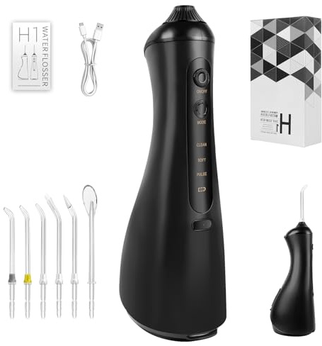 Wiederaufladbarer Munddusche, tragbarer elektrischer Zahnreiniger mit 320 ml, 3 Modi und 6 Ersatzdüsen, IPX6 wasserdichter Munddusche, geeignet für Mundpflege und Reinigung