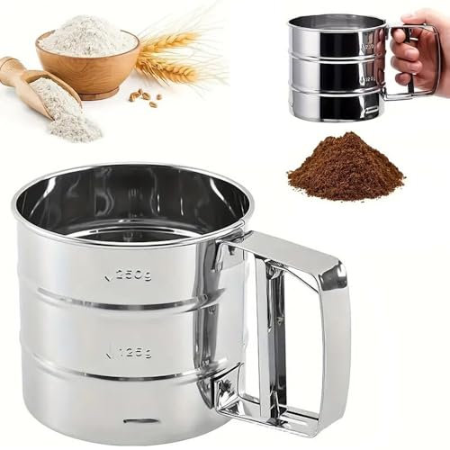 Setaccio Farina, spargi Zucchero a Velo, in Acciaio Inox, Funzionamento con Una Sola Mano, per Farina, Zucchero, Cannella, spezie, Volume 250 g, Lavabile in lavastoviglie