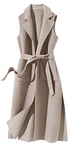 IQYU Giacca da donna per le mezze stagioni, elegante, gilet lungo, invernale, classico, con cintura, giacca invernale calda, senza maniche, caldo cappotto invernale senza maniche, gilet di lana da