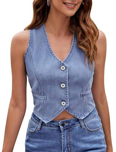 AGYMNX Women Denim Vest V Neck Sexy Sleeveless Button Vest Ladies Waist Tops Denim Casual Jacket Y2K Summer Streetwear Light blue L