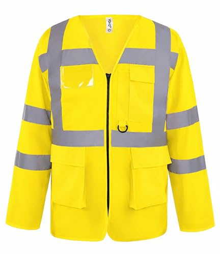 Brook Hi Vis Yoko Premium Hi Vis Vest Zipped Long Sleeve Safety Vest with Pockets – High Visibility Hi Vis Vest with Pockets for Construction, Warehouse, Duties - Work Tops for Men Yellow,Large