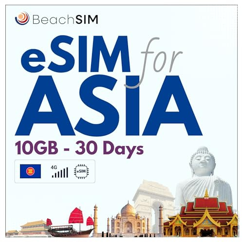BeachSIM Asien eSIM 30 dagar. 10GB data i 4G/5G-hastigheter. Endast SIM-kort för data. Gratis roaming i Indonesien, Filippinerna, Thailand och 9+ länder i Asia.