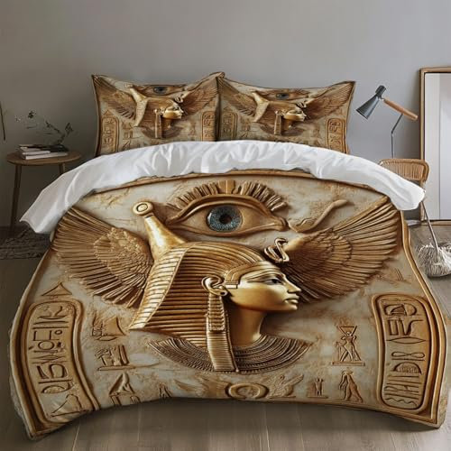 SKOEUI Bettwäsche 135x200 cm 3Teilig Ägyptische Hieroglyphen Bettwäsche-Sets Bügelfrei Microfaser Bettbezug mit Reißverschluss Allergiker Bettdeckenbezug mit 2 mal Kissenbezug 80x80 cm Gold