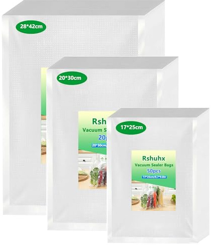 Rshuhx Vakuumierbeutel 200µm 80 Beutel Vakuumbeutel für Lebensmittel 17x25cm (50)+ 20x30cm (20)+ 28x40cm (10) für alle Vakuumiergerät und Sous Vide Geeignet Gefrierbeutel BPA-frei für Kühlschrank