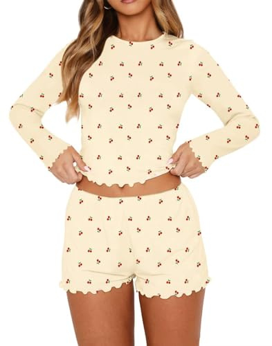 BONITEE Womens PJs Cute Fall Clothes 2 Piece Sets Casual Y2k Tops Shorts Pyjamas Two Piece Set 2026 Trendy Outfits Apricot-Cherry,S