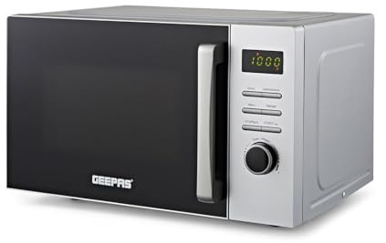 GEEPAS Digital Microwave Oven, 23L | 5 Power Levels, Reheating & Defrost Function | Digital Display 60 Minute Timer 8 Pre-set Modes | Easy Clean Oven for Standard Size of Dinner Plate 800W Silver