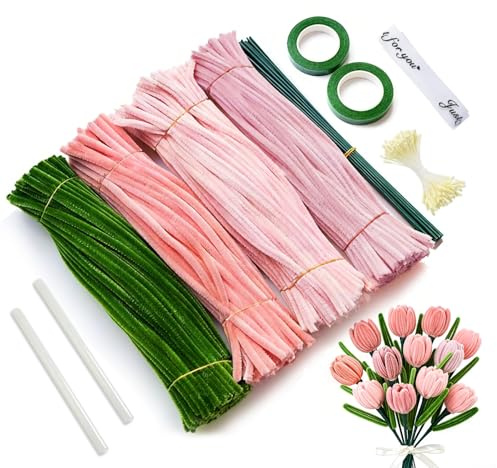 Limpiapipas flores,400 Piezas Limpiapipas Manualidades con Tallo Floral Artificial Estambres Cintas Adhesivas Pipe Cleaner para pueden hacer hermosos ramos artificiales (Pink)