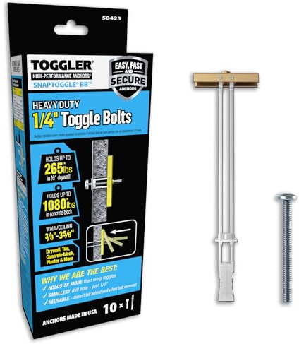 TOGGLER SNAPTOGGLE BB Toggle Anchor with Bolts, Zinc-Plated Steel Channel, Made in US, 3/8 to 3-5/8 Grip Range, for 1/4-20 UNC Fastener Size (Pack of 10)