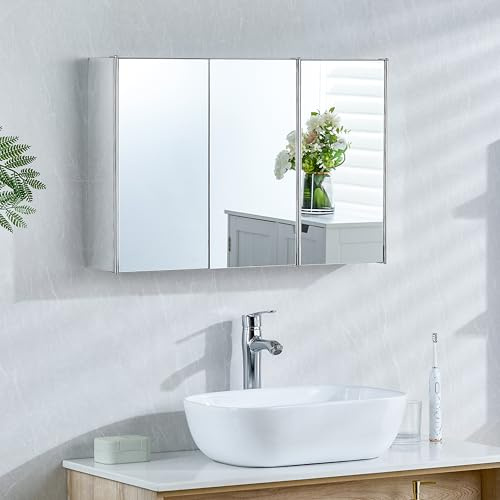 Bath Vida Tiano Triple-Mirror Bathroom Cabinet Wall-Mounted Stainless Steel Modern Storage Cupboard (No Assembly Required)