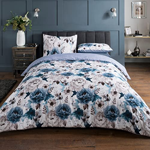 Sleepdown Bettwäsche-Set, Blau, 135 cm x 200 cm plus 1 Kissenbezug 80 cm x 80 cm, Blumenmuster, Polybaumwolle