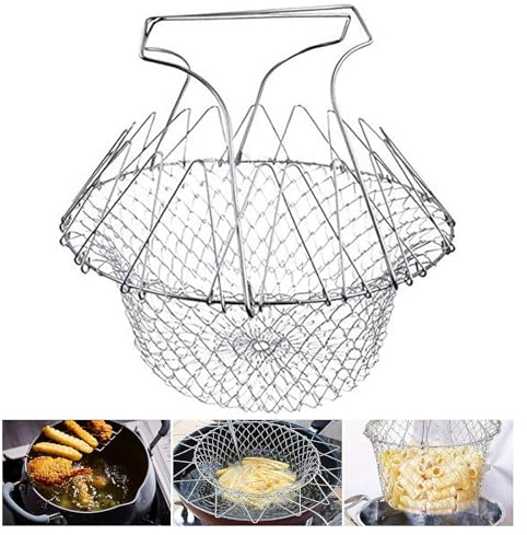 Frittierkorb für Topf sieb Faltbarer rund Multifunktional Edelstahl Frittierkörbchen Mini Fritteuse Werkzeug Kochkorb für Pommes Frites Gemüse Salate