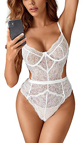 EVELIFE Body Mujer Sexy Lenceria Encaje Transparente Teddy Lingerie rofundo V Ropa Interior Ropa de Dormir (Blanco, XXL)