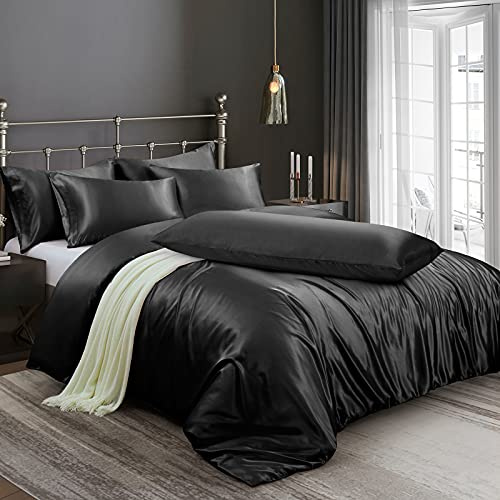 Ersmak Set copripiumino in raso, 6 pezzi, per letto matrimoniale/matrimoniale, lussuoso, setoso, con 1 copripiumino morbido, 4 federe queen size e 1 federa per il corpo, nero