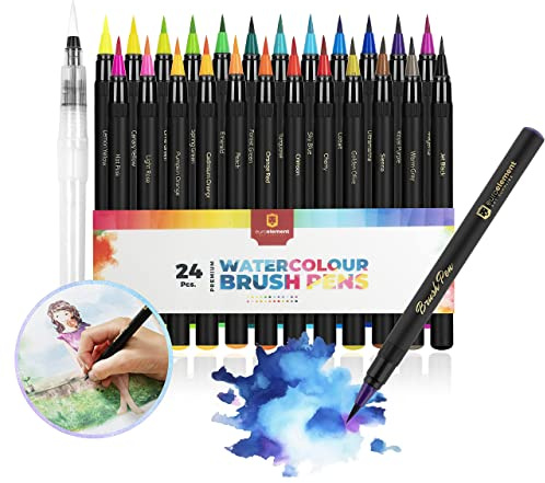 EuroElement Art Supplies Brush Pens Set- 24+1 Watercolour Brush Pens- Calligraphy Pens with Soft, Flexible Nylon Brush Tip, Colouring Pens, Art Pens