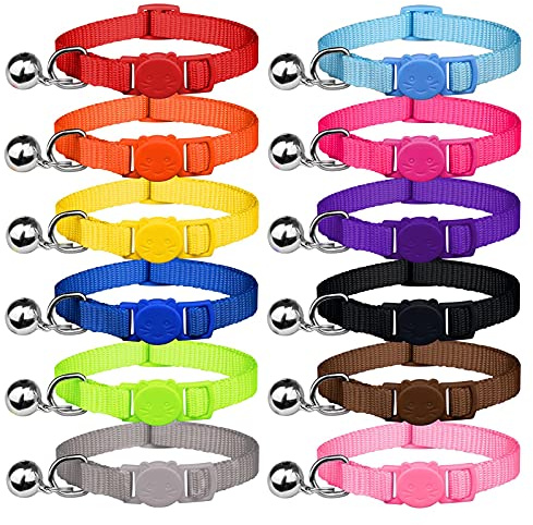 Uteuvili 12 PCS Breakaway Cat Collars with Bell Colorful Soft Safety Buckle Cat Collars Adjustable Breakaway Kitten Collars Safety Collars for Cats (12 Colors)