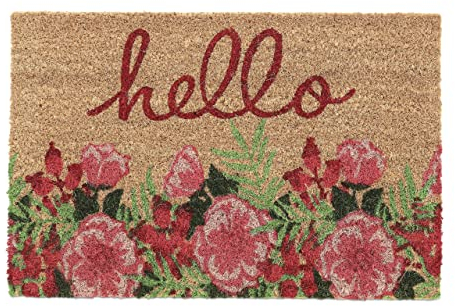 Relaxdays Fußmatte Kokos, Blumen & Hello-Schriftzug, 40 x 60 cm, Türvorleger innen & außen, rutschfest, wetterfest, bunt