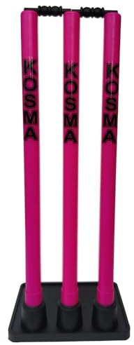 Kosma Set di ceppi da cricket con cauzioni e supporto resistente | Wickets da cricket in plastica con cauzioni e base robusta | Wickets di colore rosa | Supporto resistente nero