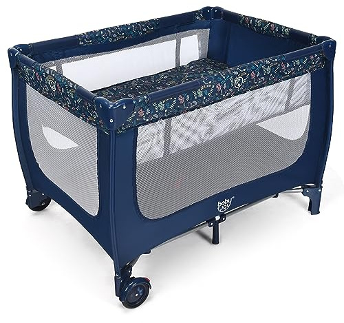 COSTWAY Lettino da Campeggio con Materasso, Lettino per Bambini Pieghevole, Culla da Viaggio Portatile con 2 Ruote, Per Bambini 0-36 Mesi, 125 x 65 x 76 cm (Blu)