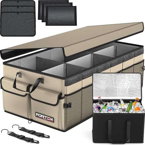 FORTEM Car Boot Organiser - Foldable Car Organiser with Cooler Bag for SUVs | Car Accessories for Men Women, Collapsible Bag, Non Slip Bottom, Straps, Soft Cover, 600D Oxford, Beige, 6 Compartments, 105L