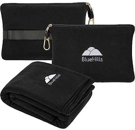 BlueHills Reisedecke, Kissen, kompakt, leicht, Taschengröße, Flugzeug, Reisen, unverzichtbar, Flugzeug, Überwurf, in Tasche, tragbare Hülle, Flugzeugzubehör, Schwarz L05