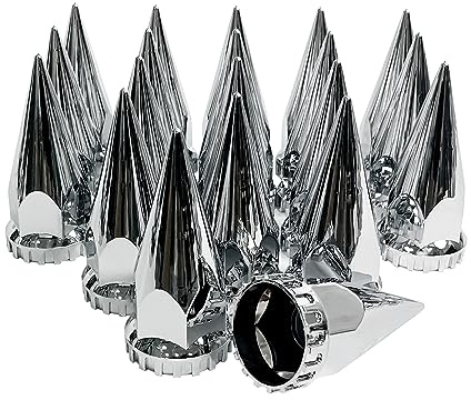 Grandroad auto 20 Pack Spike Lug Nut Covers, 33mm by 4-3/4 Thread On Chrome Spike Nut Cover Caps ABS Plastic Anti-Rust Screw-on Lug Nut Covers for Semi Trucks