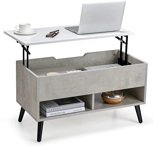 COSTWAY Lift Up Top Coffee Table, Wooden Lifting Cocktail Center Table with Hidden Storage Compartment and Open Shelf, Adjustable Rectangular Accent Sofa Side Tea Table for Living Room Office (Grey)