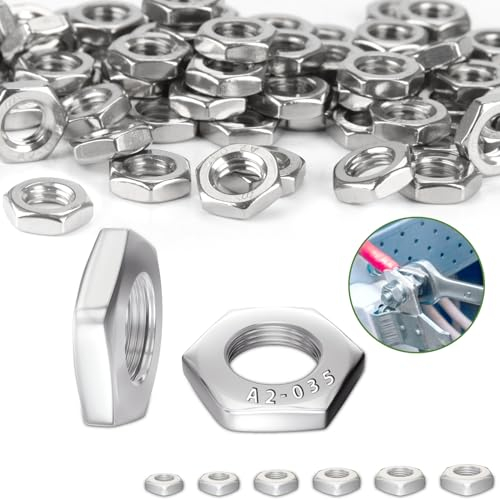 Nenull Tuercas hexagonales M8 (forma baja, con chaflán) 70 unidades DIN439 Tuercas planas de acero inoxidable A2 V2A tuerca hexagonal para hierro y tornillos, pernos roscados, acero, madera