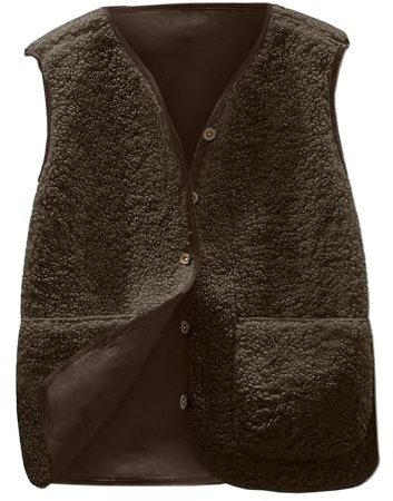 Yutdeng Gilet in Pile da Donna Invernale Caldo Senza Maniche Sherpa Teddy Gilet in Peluche Tinta Unita Scollo a V Gilet in Pelliccia Spessa Casual Giacca con Tasche Fluffy Outwear,Caffè,L