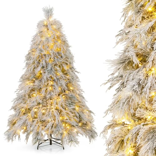 COSTWAY Konstgjord julgran med belysning, 180 cm gran med varmvita LED-lampor och 519 grenspetsar, julgran med snö, festträd, konstträd för festdekoration, inomhus, utomhus