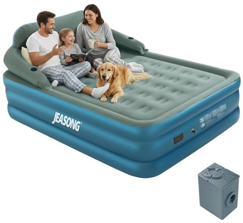 JEASONG Air Bed with Built in Battery Pump & Headboard Self Inflating Mattress, 52cm High Raised Blow Up Mattress Inflatable Mattress King Size Airbed, Inflatable Bed Air Mattress Double 203x152+52cm