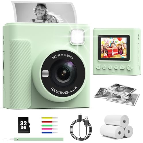 TIATUA Kids Instant Print Camera, Christmas Birthday Gifts for Girls and Boys, 1080P HD Video Digital Kids Camera with Print Paper & 32G Card, Toddler Toy for 3-14 Years Old (Green)