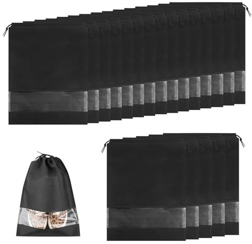 MXTIMWAN 20 Stück Tragbare Schuh Taschen, 31,3 x 43,5 cm, Große Non-Woven Drawstring Travel Shoe Bags, wasserdichte, Schuhbeutel mit Klarem Fenster für den Täglichen Gebrauch und Auf Reisen