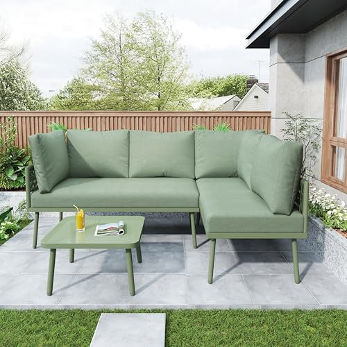 MOBETTRES Trädgårdsloungeset av järn, trädgårdsmöbler i grönt rep, L-format trädgårdsmöbelset, loungeset av grönt rep med sittdyna (grön)