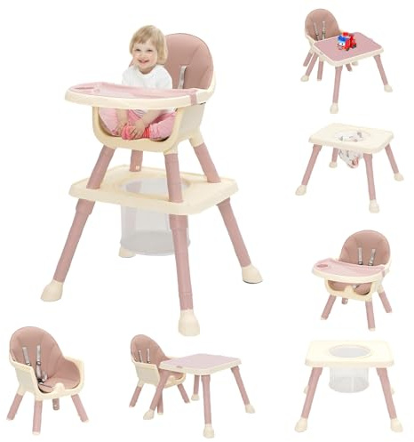 7-in 1 Baby High Chair, Highchair with Removable Game Table, Adjustable Height, Footrest, Portable Baby Chair Multifunctional Combination for Babies Toddlers(Pink)