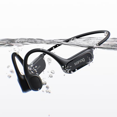 SANAG B33S Cuffie Conduzione Ossea Nuoto, Cuffie Subacquee per Piscina IPX8 Impermeabili con Wireless Bluetooth, Microfono, Lettore MP3 da 32G, 8 Ore di Riproduzione, Auricolari Nuoto Musica, Nero