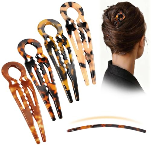 4PCS Prestige French Hair Pins Tortoise Shell Acetate Hairpins for Women - Elegant Styling Accessories for Buns Twist Updos U-Shaped Curved Serrated Strong Grip for Thick/Long Hair(4.3 Inch, Large)
