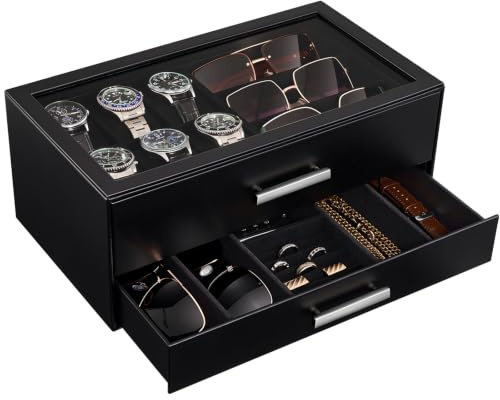 ProCase Watch Case, Mens Jewelry Box for 6 Watch & 5 Sunglasses -Black